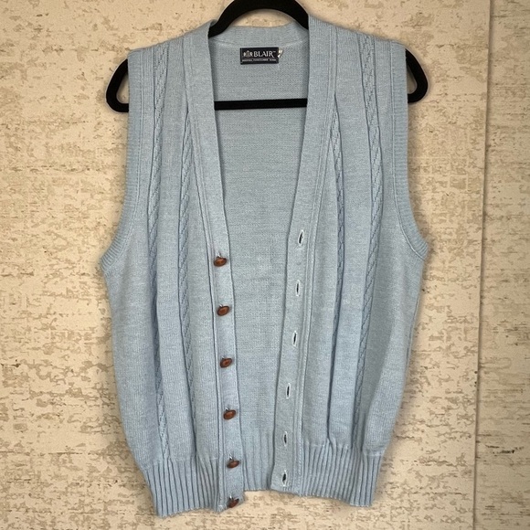Vintage BLAIR Boho Cable Knit Sweater Vest Wood Buttons Grandpacore 80's Small - Picture 1 of 13